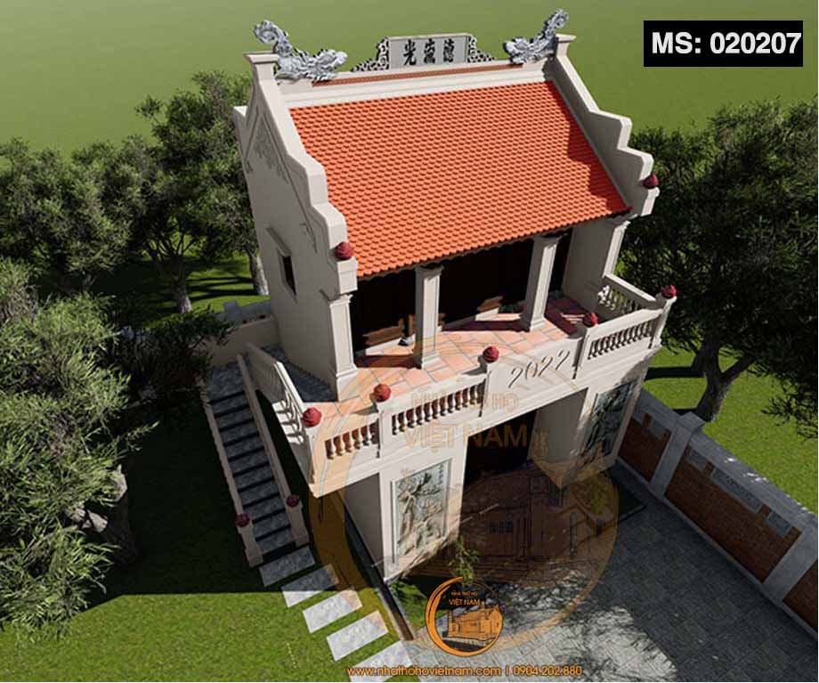Phối cảnh 3D mẫu nhà thờ họ 2 tầng 2 mái 90m2 tại Sóc Sơn
