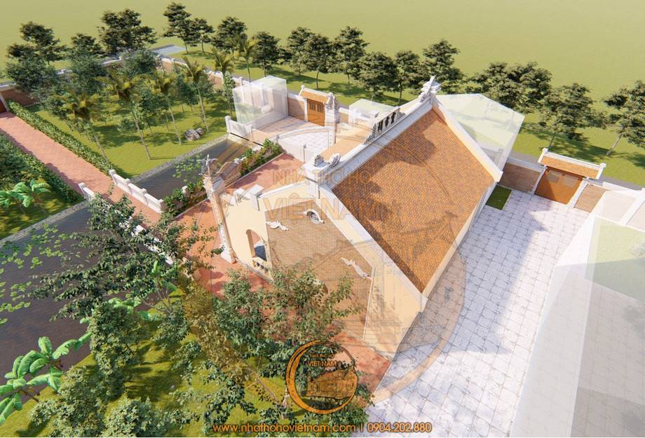 Toàn cảnh thiết kế nhà thờ họ 3 gian 2 mái có hồ nước ở Kim Sơn, Ninh Bình
