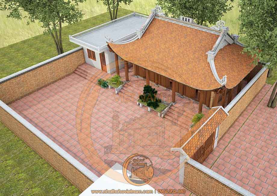 Phối cảnh chi tiết nhà thờ họ trái bồ câu kết hợp nhà ở mái bằng hiện đại Kim Động Hưng Yên