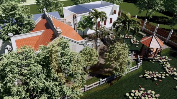 Bản vẽ và phối cảnh nhà thờ họ 3 gian kết hợp ao sen tại phường Lào Cai, Lào Cai