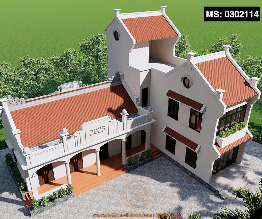 Phối cảnh 3D nhà thờ họ 4 gian 2 mái kết hợp nhà ở tại xã Bình Gia, Lạng Sơn