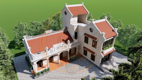 Phối cảnh 3D nhà thờ họ 4 gian 2 mái kết hợp nhà ở tại xã Bình Gia, Lạng Sơn