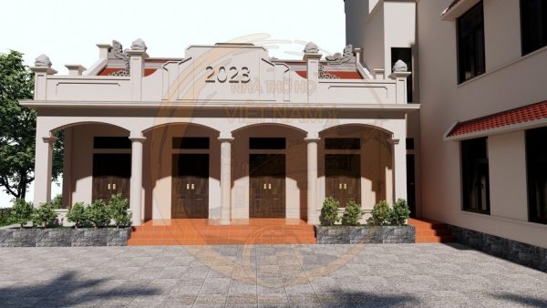 Phối cảnh 3D nhà thờ họ 4 gian 2 mái kết hợp nhà ở tại xã Bình Gia, Lạng Sơn