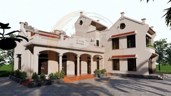 Phối cảnh 3D nhà thờ họ 4 gian 2 mái kết hợp nhà ở tại xã Bình Gia, Lạng Sơn