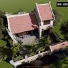 Bản vẽ 3D nhà thờ họ 3 gian 2 mái có cột đồng trụ kết hợp nhà ở tại xã Than Uyên, Lai Châu