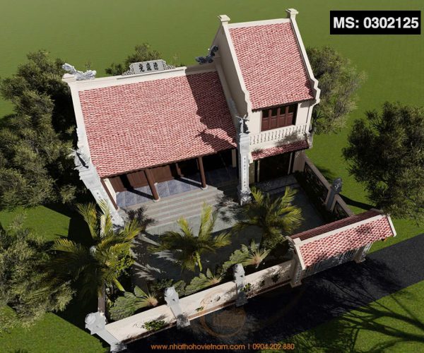 Bản vẽ 3D nhà thờ họ 3 gian 2 mái có cột đồng trụ kết hợp nhà ở tại xã Than Uyên, Lai Châu