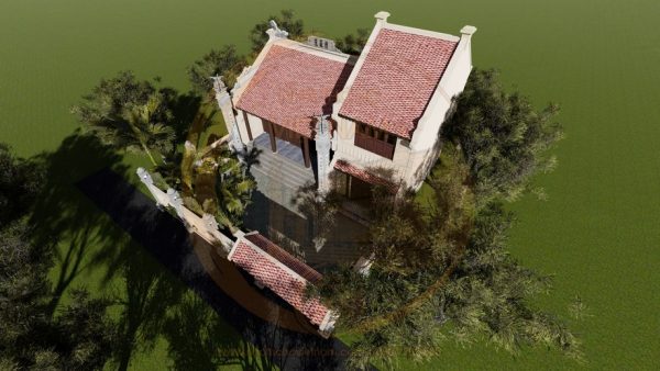 Bản vẽ 3D nhà thờ họ 3 gian 2 mái có cột đồng trụ kết hợp nhà ở tại xã Than Uyên, Lai Châu