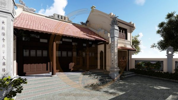 Bản vẽ 3D nhà thờ họ 3 gian 2 mái có cột đồng trụ kết hợp nhà ở tại xã Than Uyên, Lai Châu