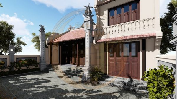Bản vẽ 3D nhà thờ họ 3 gian 2 mái có cột đồng trụ kết hợp nhà ở tại xã Than Uyên, Lai Châu