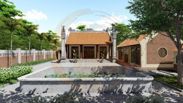 Bản vẽ 3D nhà thờ họ 3 gian 2 mái kết hợp tiểu cảnh tại phường Bỉm Sơn, Thanh Hoá