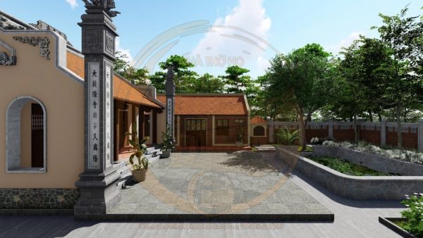 Bản vẽ 3D nhà thờ họ 3 gian 2 mái kết hợp tiểu cảnh tại phường Bỉm Sơn, Thanh Hoá