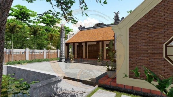 Bản vẽ 3D nhà thờ họ 3 gian 2 mái kết hợp tiểu cảnh tại phường Bỉm Sơn, Thanh Hoá
