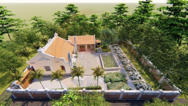 Bản vẽ 3D nhà thờ họ 3 gian 2 mái kết hợp tiểu cảnh tại phường Bỉm Sơn, Thanh Hoá