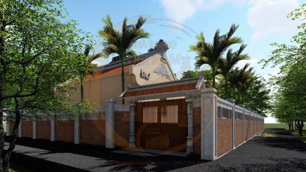 Bản vẽ 3D nhà thờ họ 3 gian 2 mái kết hợp tiểu cảnh tại phường Bỉm Sơn, Thanh Hoá