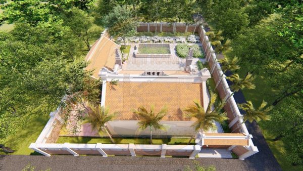 Bản vẽ 3D nhà thờ họ 3 gian 2 mái kết hợp tiểu cảnh tại phường Bỉm Sơn, Thanh Hoá