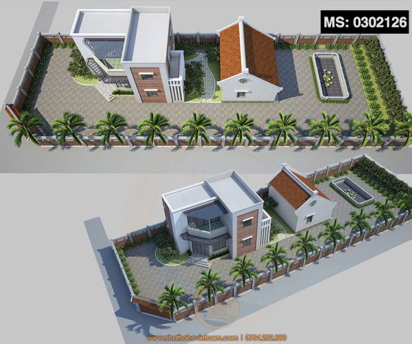 Bản vẽ 3D nhà thờ họ 3 gian 2 mái trong khuôn viên nhà ở hiện đại tại phường Phổ Yên, Thái Nguyên