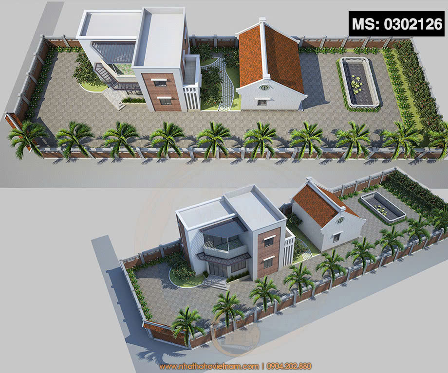 Bản vẽ 3D nhà thờ họ 3 gian 2 mái trong khuôn viên nhà ở hiện đại tại phường Phổ Yên, Thái Nguyên