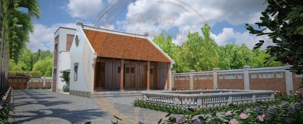 Bản vẽ 3D nhà thờ họ 3 gian 2 mái trong khuôn viên nhà ở hiện đại tại phường Phổ Yên, Thái Nguyên