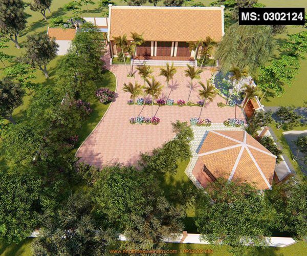 Bản vẽ nhà thờ họ 5 gian 2 mái kết hợp tiểu cảnh chi tiết tại xã Lý Bôn, Cao Bằng
