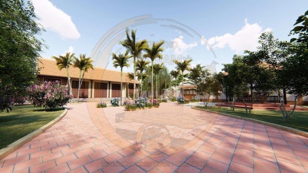 Bản vẽ nhà thờ họ 5 gian 2 mái kết hợp tiểu cảnh chi tiết tại xã Lý Bôn, Cao Bằng