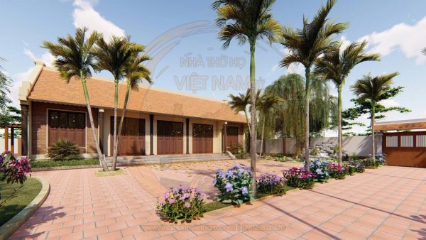 Bản vẽ nhà thờ họ 5 gian 2 mái kết hợp tiểu cảnh chi tiết tại xã Lý Bôn, Cao Bằng