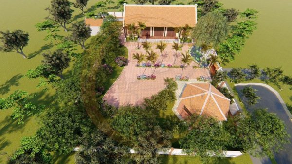 Bản vẽ nhà thờ họ 5 gian 2 mái kết hợp tiểu cảnh chi tiết tại xã Lý Bôn, Cao Bằng